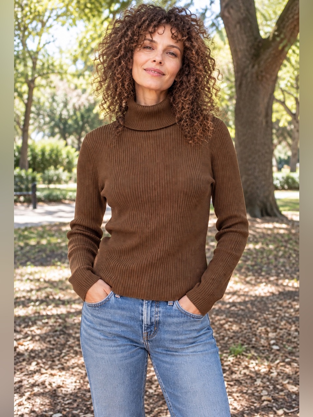 Vintage Brown Ribbed Turtleneck Sweater Wool Blend Chocolate S